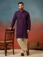 CHHAAP Men's Deep Purple Georgette Chikankari Kurta with Off-White Patiala Salwar Set
