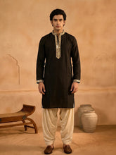 Men's Black Silk Kurta with Cream Patiala Salwar Set