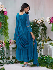 Royal Blue Georgette Zari Sequence Thread Embroidery With Mirror Work Kurta With Pant And Dupatta