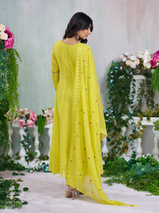 Lime Yellow Georgette Zari Sequence Thread Embroidery With Mirror Work Kurta With Pant And Dupatta