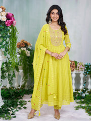 Lime Yellow Georgette Zari Sequence Thread Embroidery With Mirror Work Kurta With Pant And Dupatta