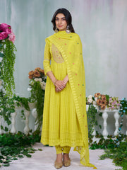 Lime Yellow Georgette Zari Sequence Thread Embroidery With Mirror Work Kurta With Pant And Dupatta