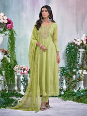 Green Georgette Zari Sequence Thread Embroidery With Mirror Work Kurta With Pant And Dupatta