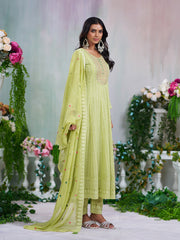 Green Georgette Zari Sequence Thread Embroidery With Mirror Work Kurta With Pant And Dupatta