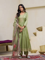 Olive Green Silk Blend Zari Sequence Thread Embroidery With Mirror Work Kurta With Pant And Dupatta
