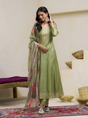 Olive Green Silk Blend Zari Sequence Thread Embroidery With Mirror Work Kurta With Pant And Dupatta