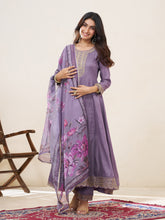 Lavender Silk Blend Zari Sequence Thread Embroidery With Mirror Work Kurta With Pant And Dupatta