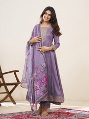 Lavender Silk Blend Zari Sequence Thread Embroidery With Mirror Work Kurta With Pant And Dupatta