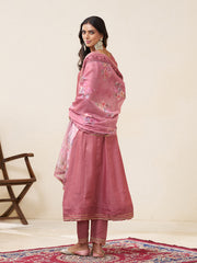 Mauve Pink Silk Blend Zari Sequence Thread Embroidery With Mirror Work Kurta With Pant And Dupatta