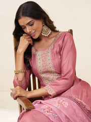 Mauve Pink Silk Blend Zari Sequence Thread Embroidery With Mirror Work Kurta With Pant And Dupatta