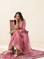 Mauve Pink Silk Blend Zari Sequence Thread Embroidery With Mirror Work Kurta With Pant And Dupatta