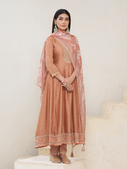 Soft Brown Silk Blend Zari Sequence Thread Embroidery With Mirror Work Kurta With Pant And Dupatta