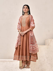 Soft Brown Silk Blend Zari Sequence Thread Embroidery With Mirror Work Kurta With Pant And Dupatta