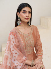 Soft Brown Silk Blend Zari Sequence Thread Embroidery With Mirror Work Kurta With Pant And Dupatta