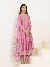 Rose Pink Silk Blend Zari Sequence Thread Embroidery With Mirror Work Kurta With Pant And Dupatta