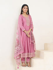 Rose Pink Silk Blend Zari Sequence Thread Embroidery With Mirror Work Kurta With Pant And Dupatta