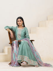 dusty Teal Silk Blend Zari Sequence Thread Embroidery With Mirror Work Kurta With Pant And Dupatta