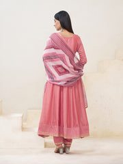 coral Pink Silk Blend Zari Sequence Thread Embroidery With Mirror Work Kurta With Pant And Dupatta