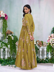 Mustard Chinon Slik Zari Thread Embroidery Ethnic Dress