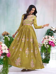 Mustard Chinon Slik Zari Thread Embroidery Ethnic Dress