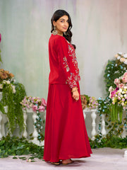 Red Silk Blend Floral Zari Thread Embroidery Gown with Kotty