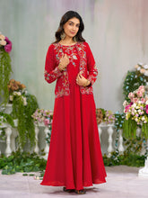 Red Silk Blend Floral Zari Thread Embroidery Gown with Kotty