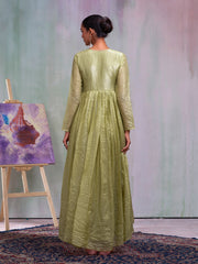 Olive Silk Blend Thread Embroidery With Pearl Embellishment Gown