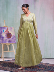 Olive Silk Blend Thread Embroidery With Pearl Embellishment Gown
