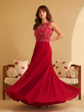 Elegant Crimson Red Floral Embroidered Sleeveless Maxi Dress