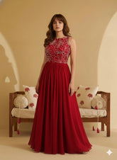 Elegant Crimson Red Floral Embroidered Sleeveless Maxi Dress