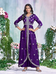 Purple Silk Blend Zari Sequence Embroidered Kurta With Palazzo
