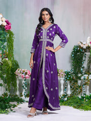 Purple Silk Blend Zari Sequence Embroidered Kurta With Palazzo