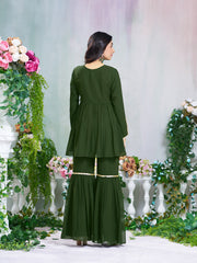 Green Georgette Gotta Lace Embellished Tiered Short Kurta with Flared Sharara Pant Set