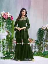 Green Georgette Gotta Lace Embellished Tiered Short Kurta with Flared Sharara Pant Set