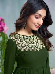 Green Georgette Gotta Lace Embellished Tiered Short Kurta with Flared Sharara Pant Set