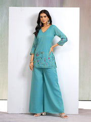 SKy Blue Silk Blend Zari Thread Embroidery Kurta With Palazzo