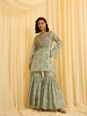 Sage Green Embroidered Kurta with Printed Sharara