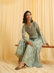 Sage Green Embroidered Kurta with Printed Sharara