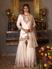 White Georgette Thread Embroidered Kurta Sharara Sets with Dupatta
