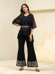 Black Georgette Solid With Zari Embroidery Belt Kurta With Sharara