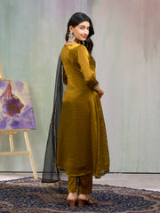 Mustard Silk Blend Zari Sequence Kurta with Pant and Dupatta