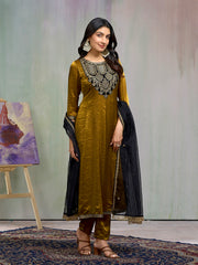 Mustard Silk Blend Zari Sequence Kurta with Pant and Dupatta