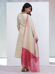 Off-White & Pink Silk Blend Zari Embroidered Kurta With Pant And Dupatta