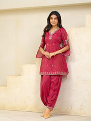 Pink Silk Blend Zari Cording Sequence Embroidered Kurta With Pant