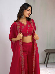Red Silk Blend Zari Coding thread Embroidery Ethnic Co-Ord Set With Shrug