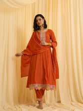 Orange Chinon Zari Sequence Thread Embroidered Kurta with Pant and Dupatta