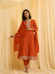 Orange Embroidered Kurta Set with Dupatta