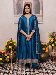 Teal Blue Chinon Zari Sequence Thread Embroidered Kurta with Pant and Dupatta