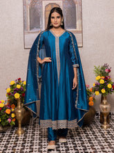 Teal Blue Chinon Zari Sequence Thread Embroidered Kurta with Pant and Dupatta