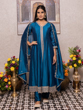 Teal Blue Embroidered Slit Kurta Set with Pants
